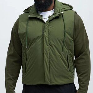 Fashion Nova Bismarck Olive Padded Vest XXL Hooded Zip Drawstring Pockets